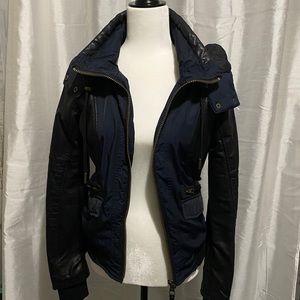 Garage navy bomber jacket with leather sleeves